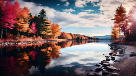 Stunning lake reflecting vibrant autumn foliage.の写真素材