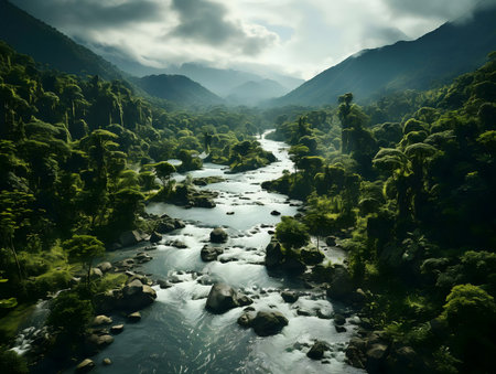 A tranquil river flows through a lush green mountain valley. The scene is serene and peaceful.の写真素材