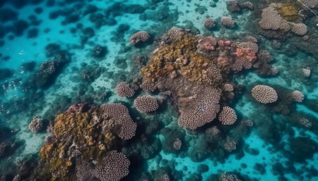 Stunning aerial shot of a healthy coral reef teeming with life, showcasing the beauty of the underwater world.の写真素材