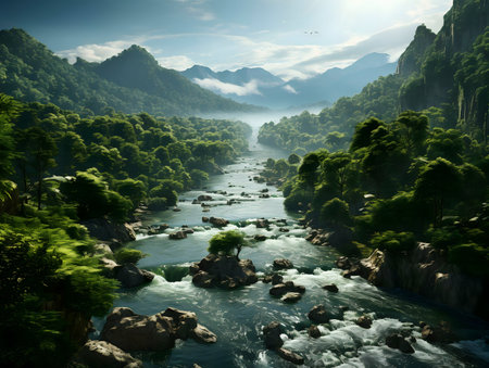 A digital painting of a serene river flowing through a lush green valley surrounded by mountains.の写真素材