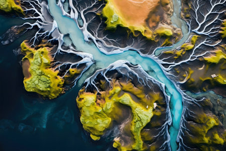 Stunning aerial shot of a vibrant river flowing through unique terrain.