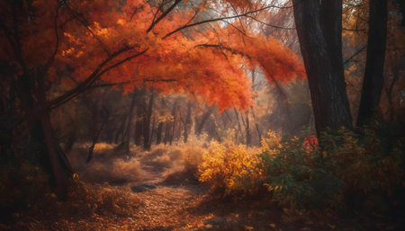 A picturesque autumnal forest scene, showcasing vibrant foliage and a tranquil path.の写真素材