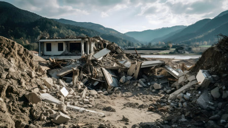 A house destroyed by a natural disaster in a mountain valley. The scene shows widespread devastation and rubble.の写真素材