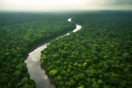 A breathtaking aerial shot of a river winding through a dense green rainforest. Serene and untouched...