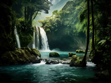 Tranquil waterfall nestled within a vibrant, lush jungle. A perfect escape.の写真素材