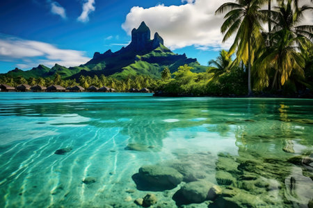 Picturesque Bora Bora lagoon with crystal clear water, lush green mountains, and palm trees. A tranquil paradise.の写真素材