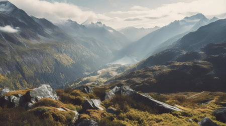 Breathtaking view of a mountain valley bathed in morning lightの写真素材