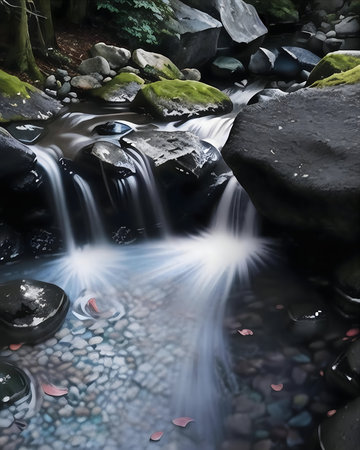 A captivating image of a waterfall flowing smoothly over rocks, creating a serene atmosphere.の写真素材