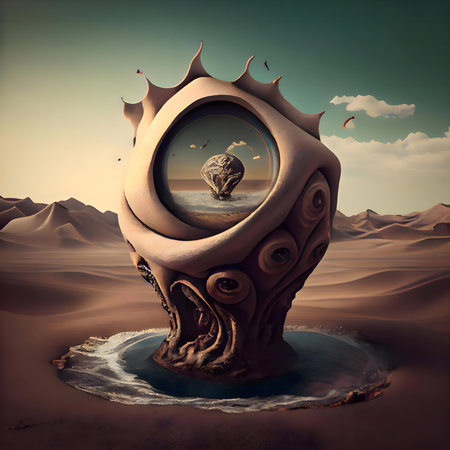 Surreal desert scene with a mysterious, organic structure. It a vision holds of an oasis, evoking a...
