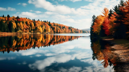 Stunning autumn lake reflecting vibrant trees.