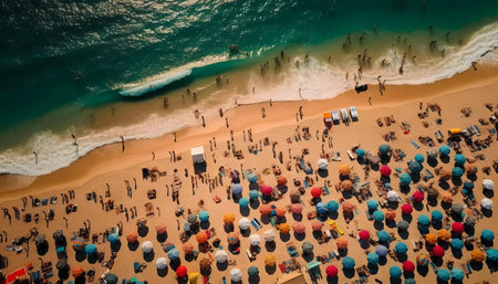 A vibrant aerial view of a busy beach during summer. People relax under colorful umbrellas.の写真素材