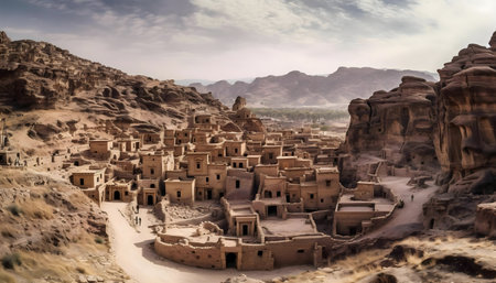Explore the ancient Nabataean city of Madain Saleh in Saudi Arabia, nestled among towering sandstone mountains.の写真素材
