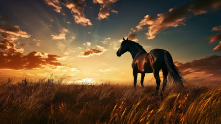 Black horse in a field at sunset. Dramatic skyの写真素材