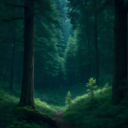 A mystical forest path winds through towering trees, bathed in an ethereal green light.