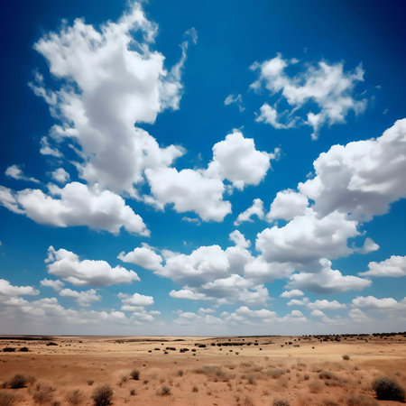 A scenic desert panorama under a brilliant blue sky dotted with fluffy white clouds.の写真素材