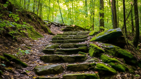 A stone staircase winds through a vibrant green forest. Moss covers rocks, leaves carpet the ground.の写真素材