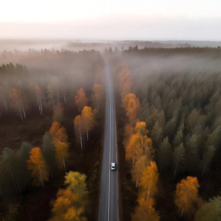 A lone car drives through a misty autumn forest, golden leaves lining the road.の写真素材