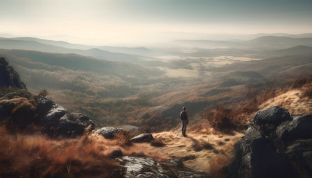 Hiker enjoys breathtaking mountain vista at sunrise. Serene autumn landscape.の写真素材