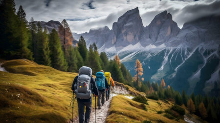 Hikers explore stunning Dolomites. Breathtaking alpine scenery.