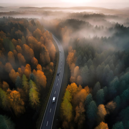 Aerial shot of a road winding through a misty autumn forest. Cars travel along the road.の写真素材