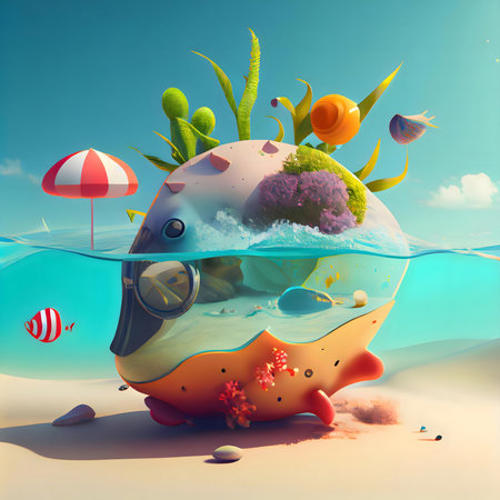 Whimsical underwater island paradise, vibrant colors, beach umbrella, diver's mask, marine lifeの写真素材