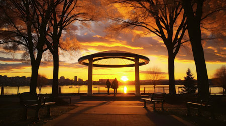 Couple enjoying a breathtaking sunset by a lake.の写真素材