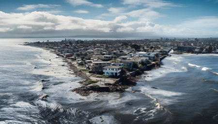 Aerial shot showing coastal erosion and damage to houses near the sea.の写真素材