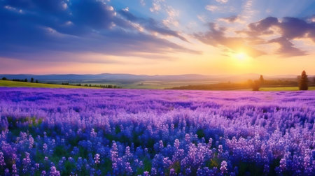 Serene sunset over a vast lavender field.の写真素材