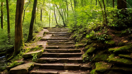 A tranquil forest path with stone steps. Peaceful nature scene.の写真素材