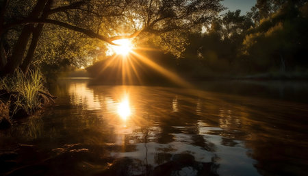 Sunset over a calm river, golden light reflecting on water.の写真素材