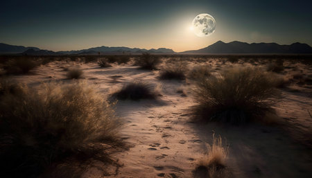 A breathtaking view of a desert landscape at night, illuminated by a massive full moon and distant mountains.の写真素材