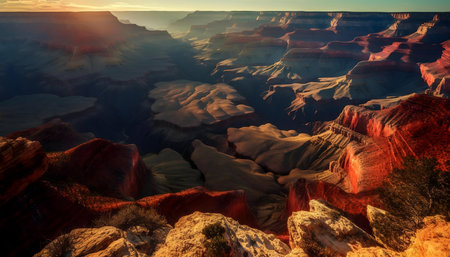 Sunrise over the Grand Canyon, Arizona. A breathtaking view of the vast canyon's layers.の写真素材