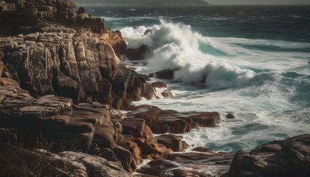 Dramatic waves crashing against a rugged coastline. Powerful natureの写真素材