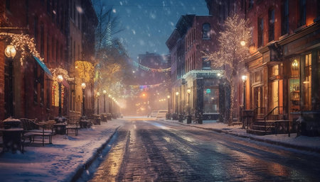 A picturesque snowy street at night, adorned with Christmas lights and glowing shop windows.の写真素材