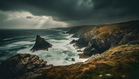Epic coastal scene with dramatic cliffs and stormy ocean.