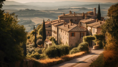 Picturesque Tuscan villa nestled in rolling hills. Warm sunlight, serene atmosphere.の写真素材