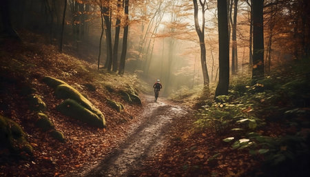 A cyclist enjoys a serene autumn bike ride through a misty forest. Sunlight filters through the trees creating a magical atmosphere.の写真素材