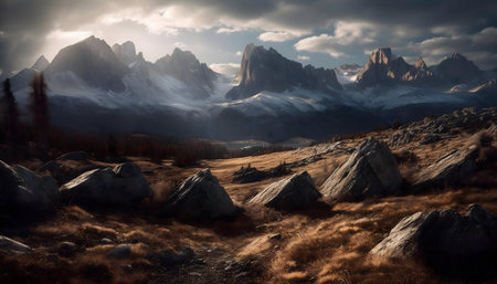 Breathtaking sunset view over a majestic mountain range. Golden hour light illuminates the scene.の写真素材