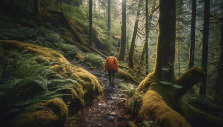 Hiker on a mossy trail in a misty forest. Peaceful adventure.の写真素材