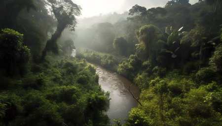 A misty river flows through a dense, lush tropical rainforest. Sunlight filters through the canopy, creating a serene atmosphere.の写真素材