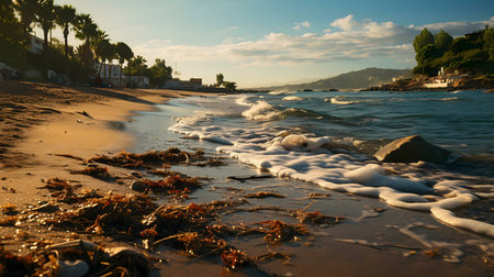 Serene sunset over a Mediterranean beach. Golden hour light bathes the sand and waves.の写真素材