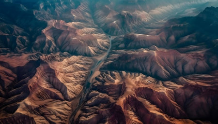 Stunning aerial shot of majestic mountains, and river flows through the valleys.の写真素材