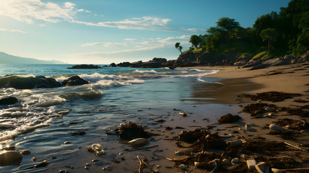 Peaceful beach scene with ocean waves, rocks, and pollution.