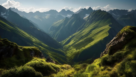 Serene mountain vista, lush green slopes, sunlightの写真素材