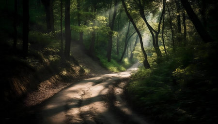 Sunbeams illuminate a winding path through a lush, green forest. A sense of serenity and mystery...