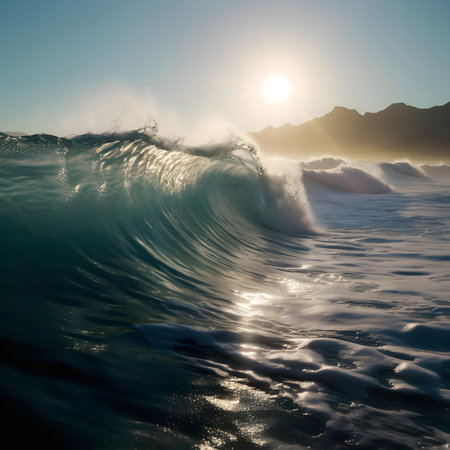 Majestic ocean wave at sunset, coastal beauty
