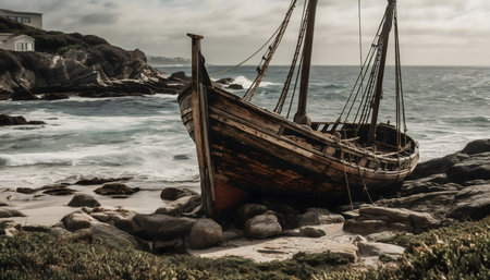 An old wooden ship lies wrecked on a rocky beach, waves crashing nearby.の写真素材