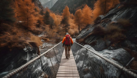 A lone hiker walks across a suspension bridge in an autumnal mountain landscape.の写真素材
