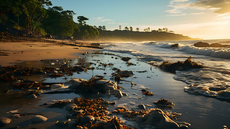 Peaceful sunrise on a sandy beach. Golden light illuminates the ocean waves and the calm shore.の写真素材