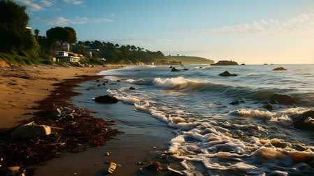 Peaceful sunrise over a sandy beach with gentle waves and houses on the hillの写真素材